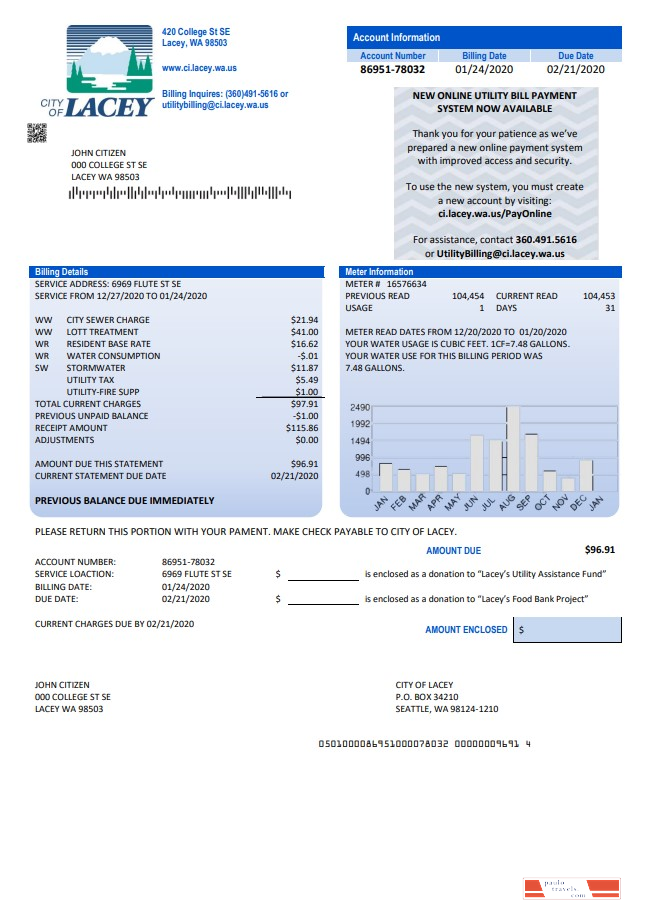 USA Washington City of Lacey water utility bill template in Word and PDF format (proof of address)